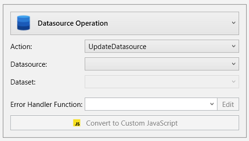 Picture showing Error Handler Function option when UpdateDatasource action selected in the Event Builder pop-up.